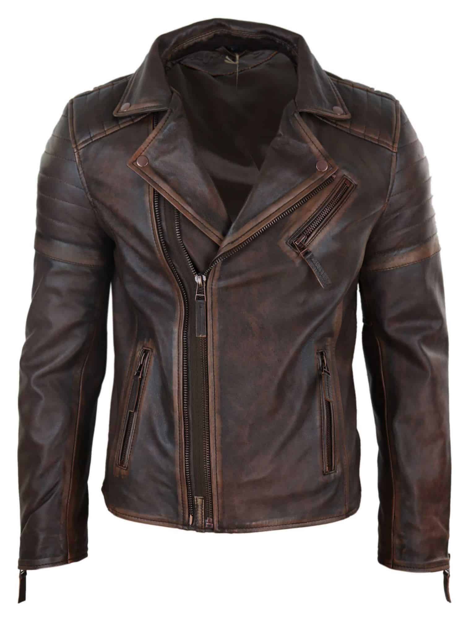 Jaqueta masculina de couro legítimo, corte slim - Marrom-Vermelho