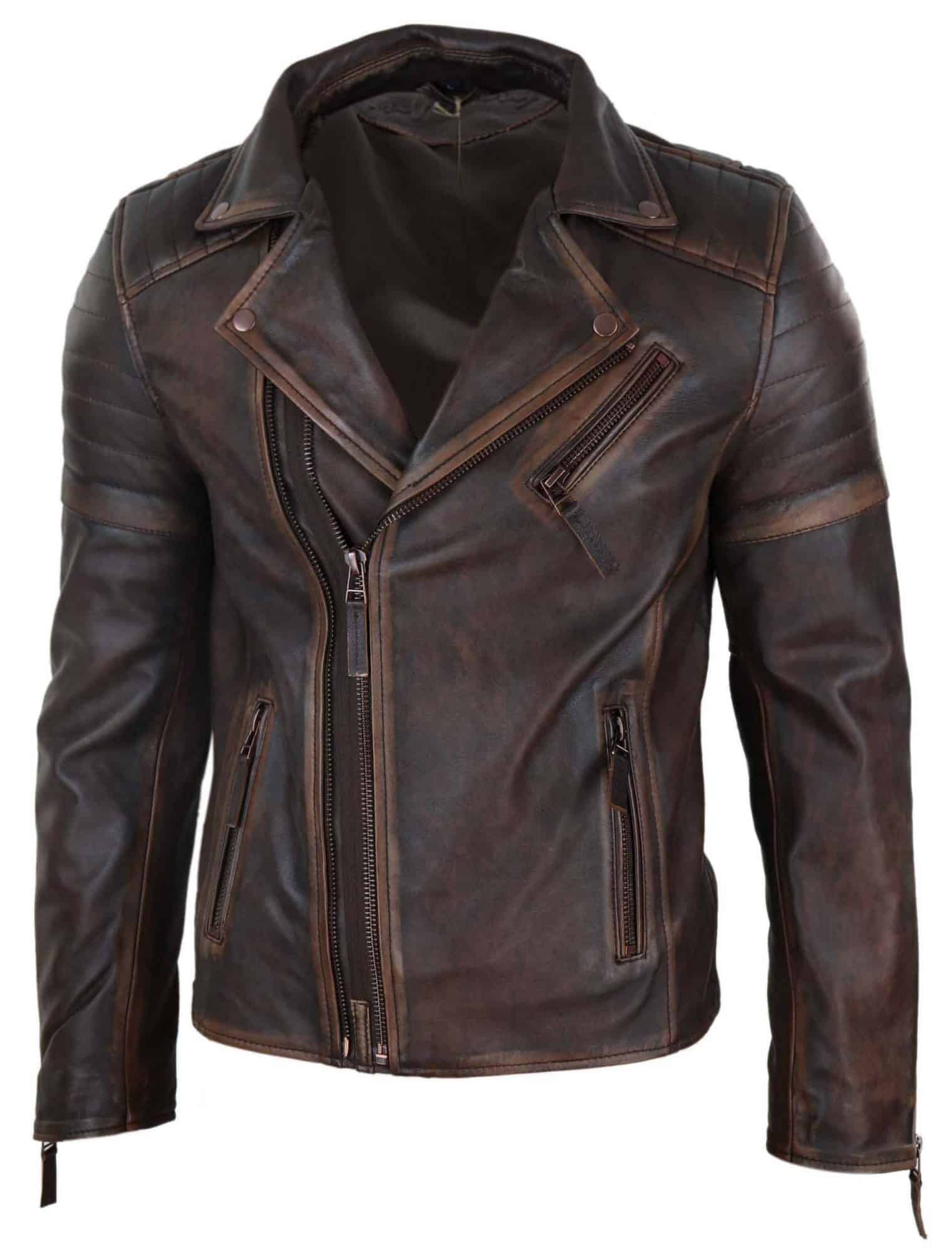 Jaqueta masculina de couro legítimo, corte slim - Marrom-Vermelho