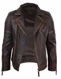 Jaqueta masculina de couro legítimo, corte slim - Marrom-Vermelho