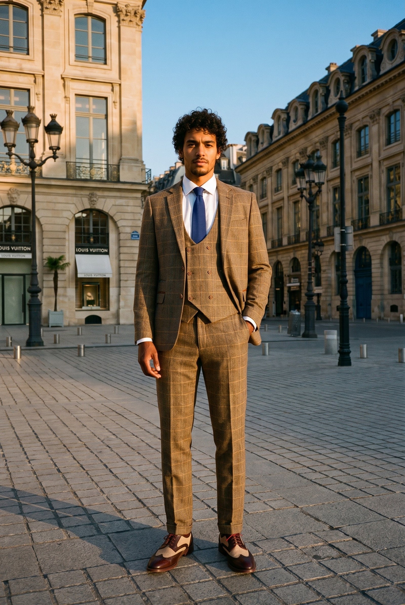 Look #983 styled with Terno masculino de 3 peças em tweed espinha de peixe com estampa xadrez em tons de marrom e bege, corte sob medida, corte duplo clássico.