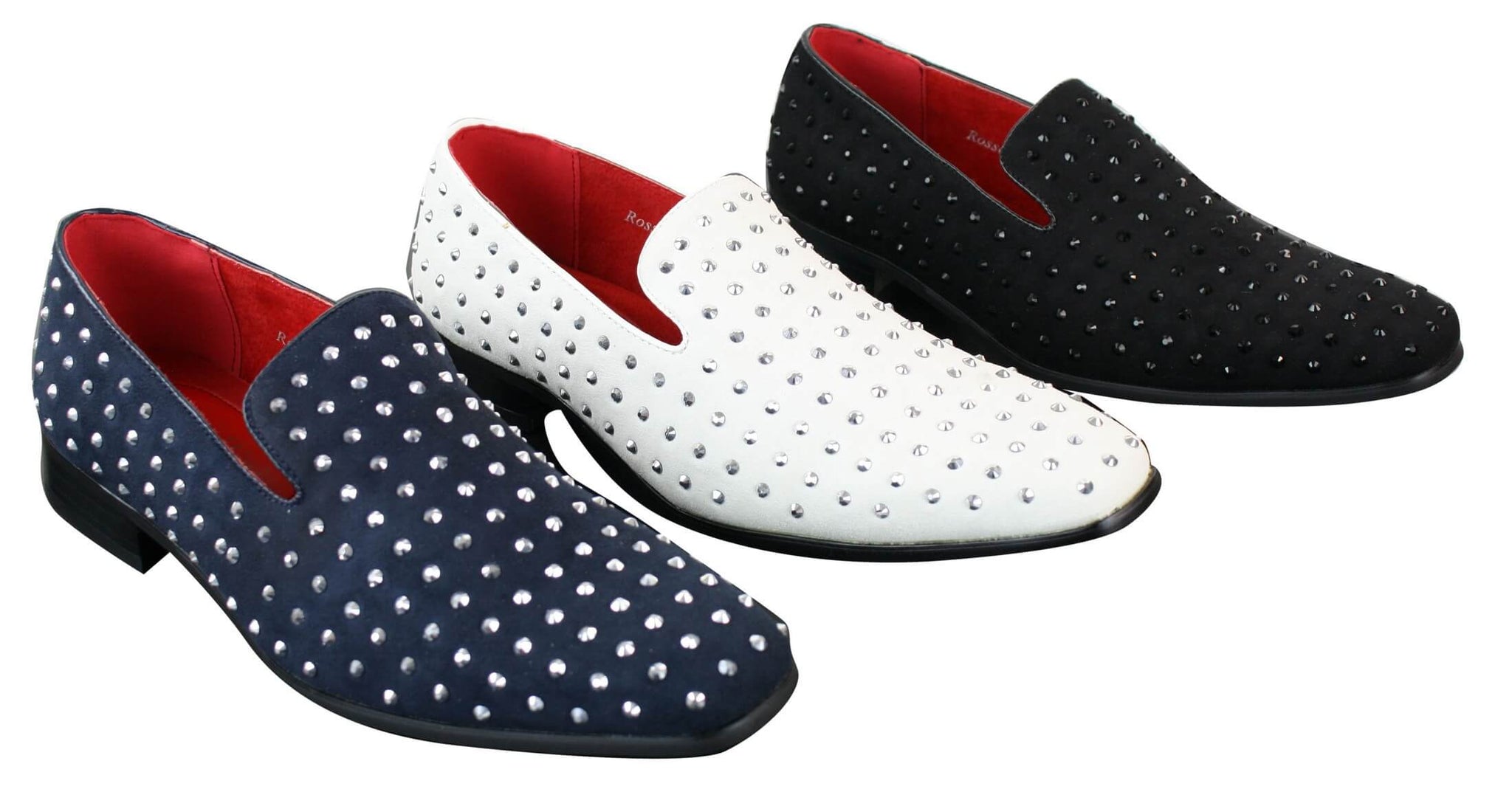 Mocassins masculinos de camurça com tachas prateadas, elegantes e brilhantes para festas.