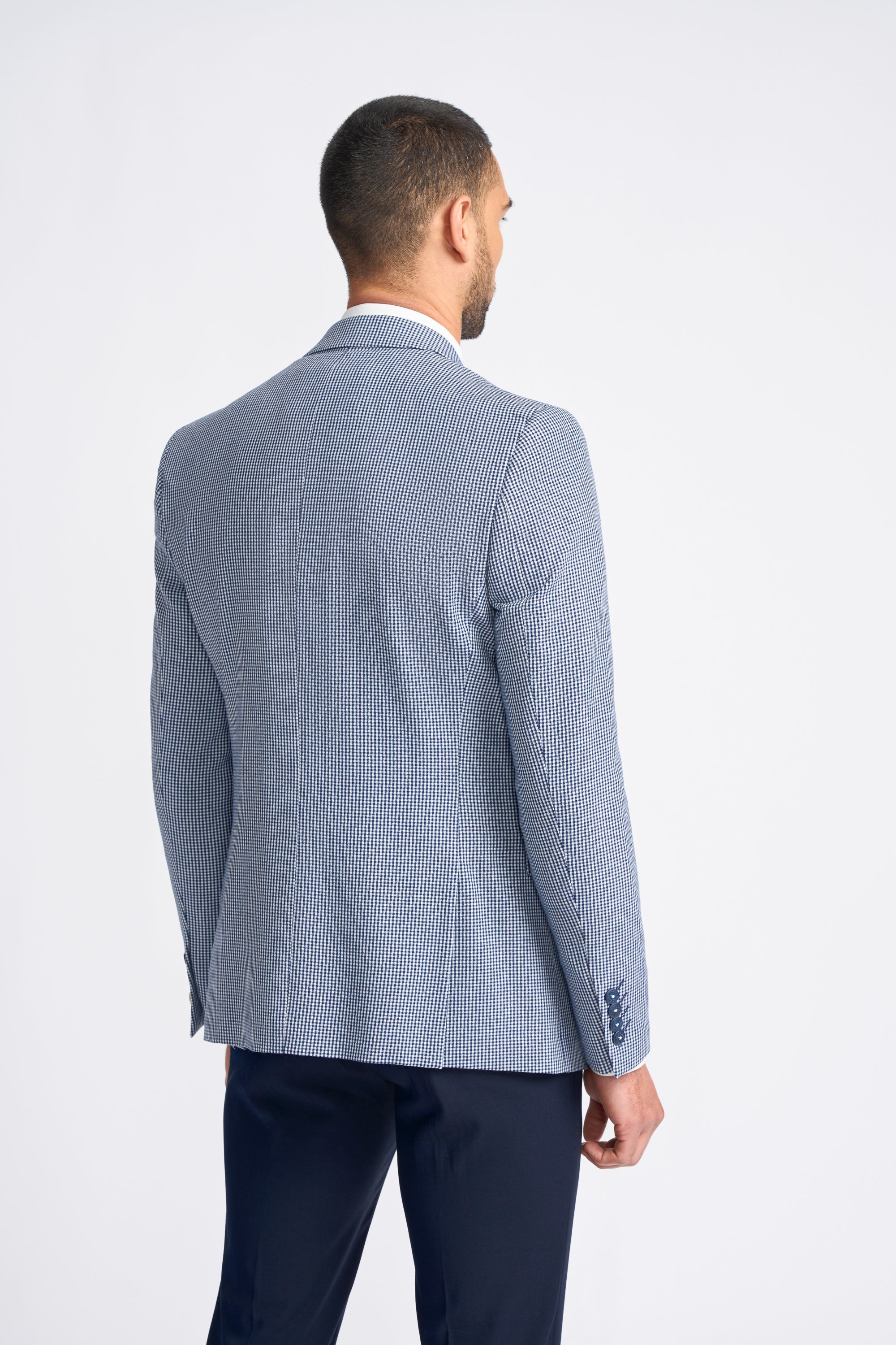 Terno clássico de verão de 3 peças Baresi para homem, em cinza e azul-marinho com estampa xadrez contrastante.