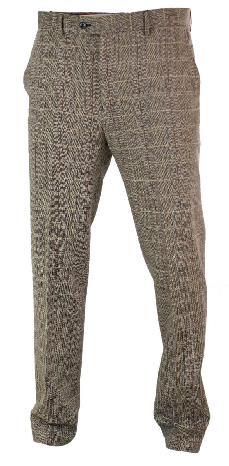 Calças masculinas de tweed espinha de peixe xadrez estilo Peaky Blinders em lã, estilo vintage clássico.
