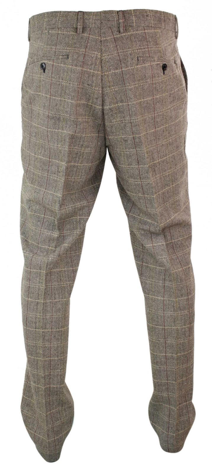 Calças masculinas de tweed espinha de peixe xadrez estilo Peaky Blinders em lã, estilo vintage clássico.