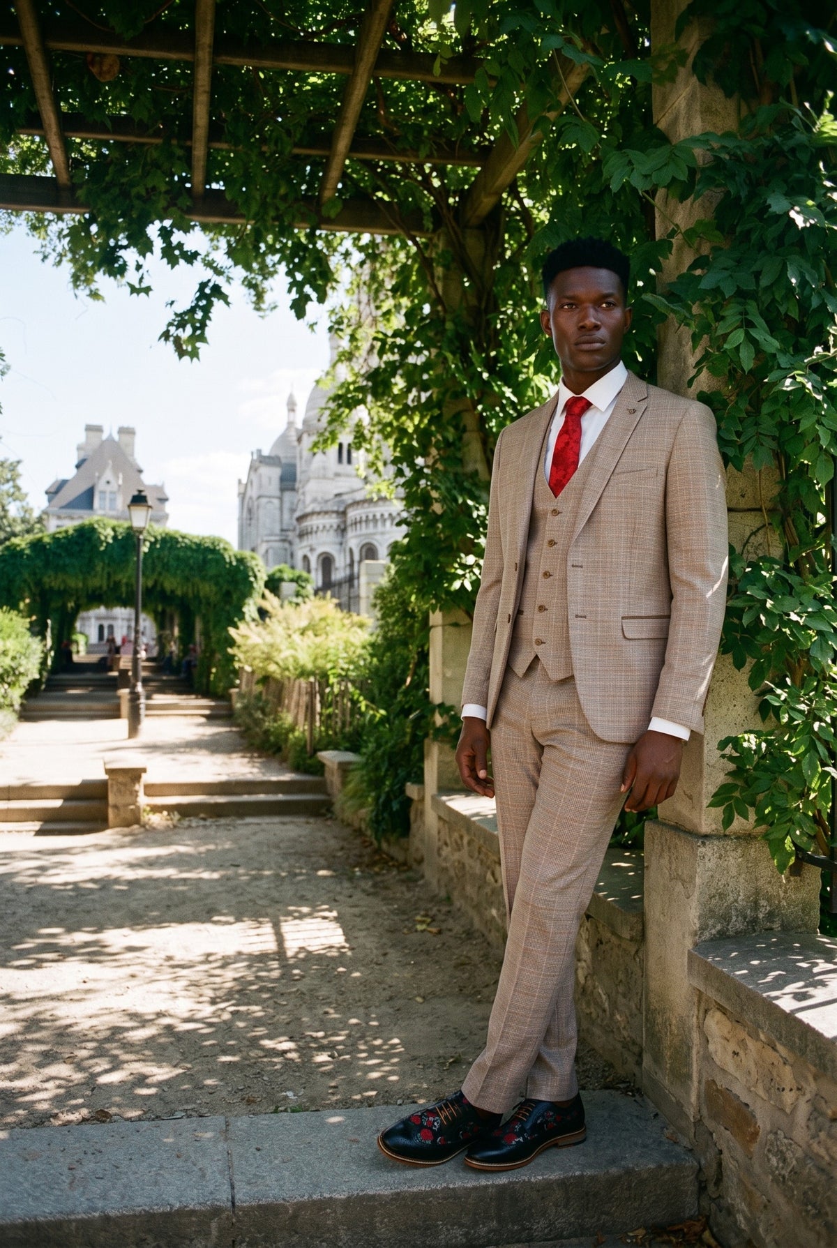 Look #215 styled with Paul Andrew Holland - Terno masculino de 3 peças em tweed xadrez bege e marrom para casamento, formatura, estilo vintage retrô clássico.