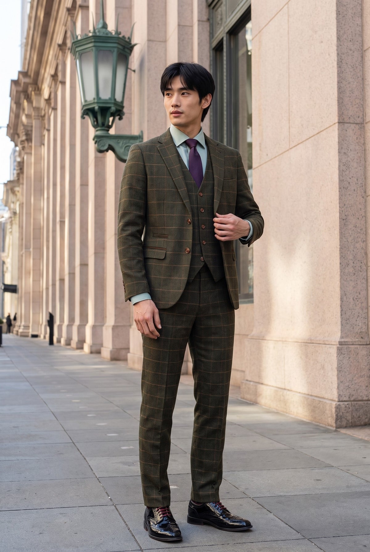 Look #509 styled with Harris - Terno de tweed verde de 3 peças em mistura de lã para homem