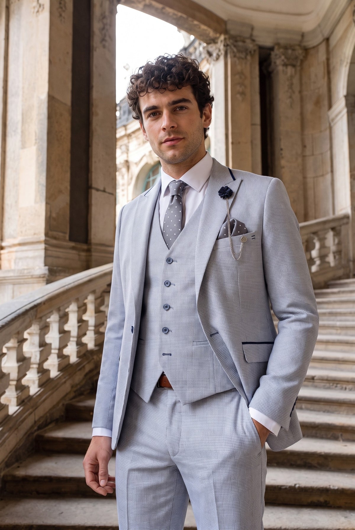 Look #950 styled with Terno masculino de 3 peças xadrez em tweed azul claro, corte sob medida, estilo Peaky Blinders clássico para casamento.