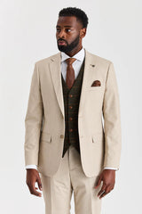 Terno Belmont bege com colete de tweed verde Harris