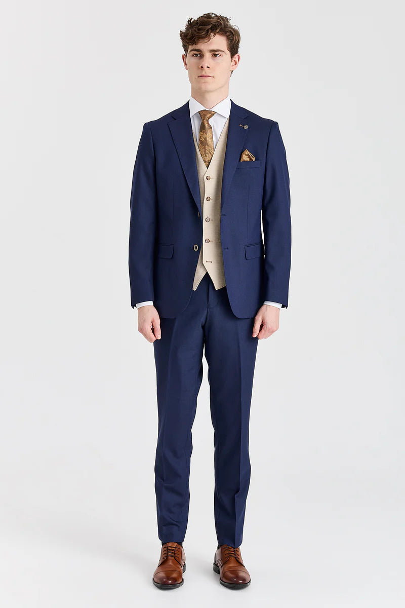 Terno azul-marinho Belmont com colete contrastante bege Belmont.