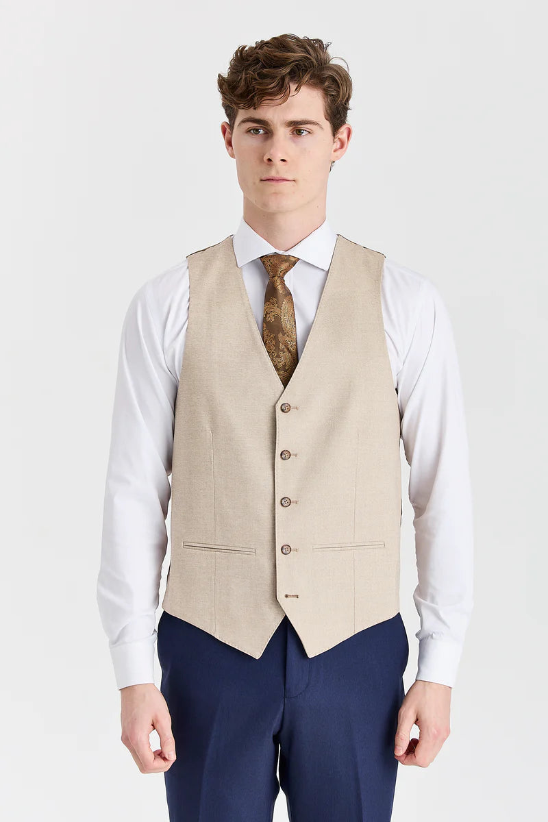 Terno azul-marinho Belmont com colete contrastante bege Belmont.