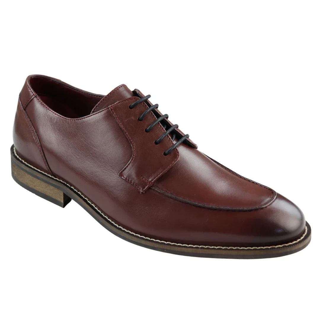 Sapatos Derby Masculinos em Couro Legítimo Preto com Costura Goodyear, Estilo Clássico Vintage na Cor Vinho Borgonha, para um Toque Elegante e Casual.