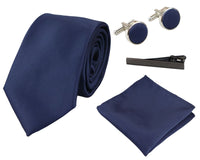 Conjunto de presente em cetim de seda azul-marinho com gravata, lenço de bolso, abotoaduras e cetim brilhante.