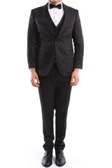 Terno masculino preto de três peças para casamento, formatura, festa formal, gravata borboleta de cetim.