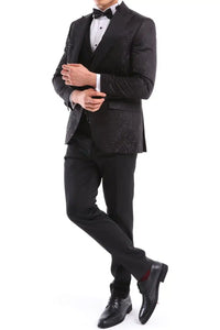 Terno masculino preto de três peças para casamento, formatura, festa formal, gravata borboleta de cetim.