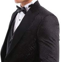 Terno masculino preto de três peças para casamento, formatura, festa formal, gravata borboleta de cetim.