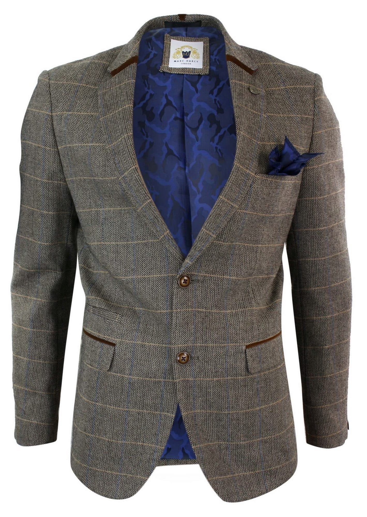 Blazer masculino Marc Darcy em tweed espinha de peixe, corte slim, dois botões, modelo slim fit, marrom claro.