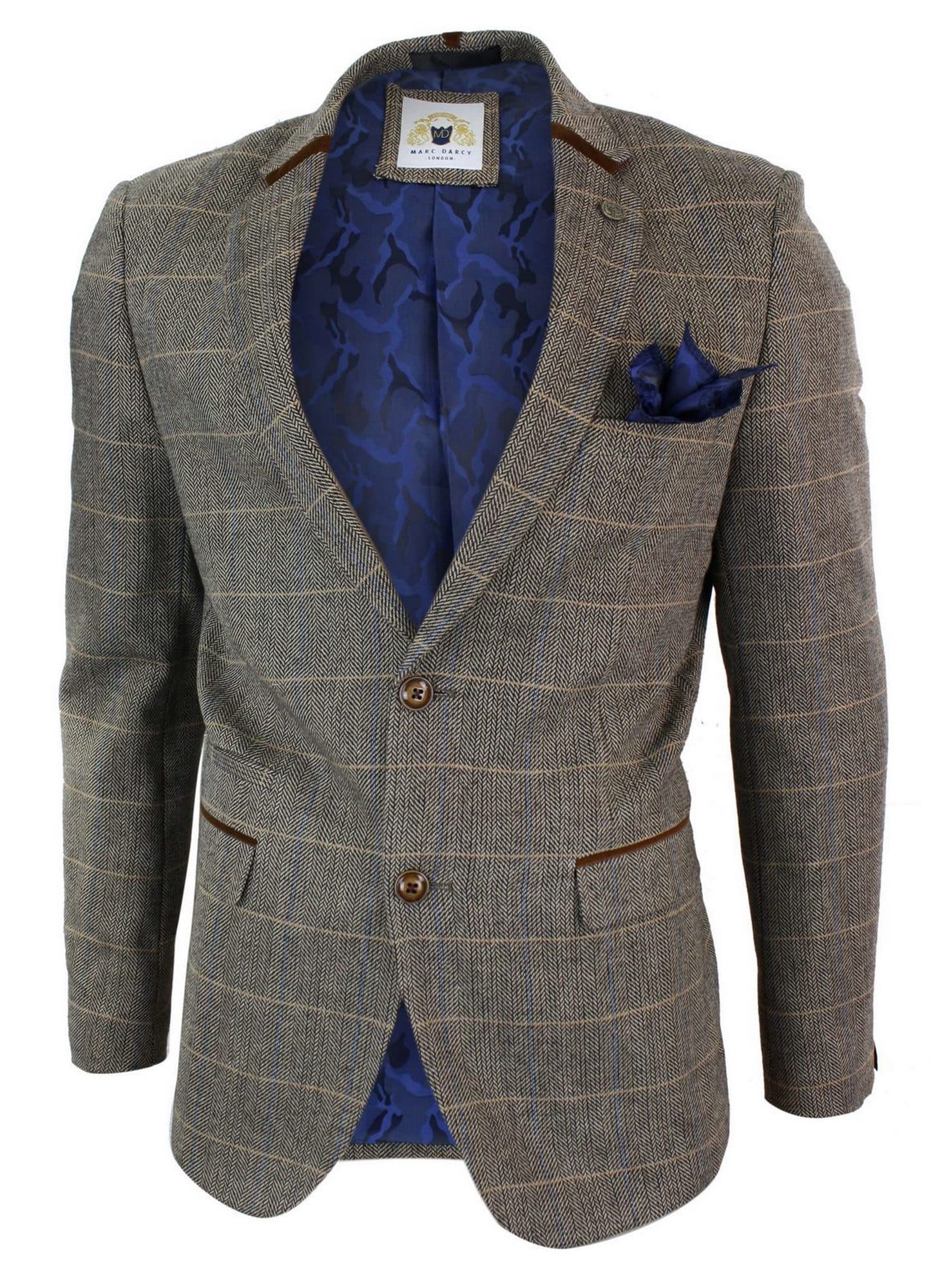 Blazer masculino Marc Darcy em tweed espinha de peixe, corte slim, dois botões, modelo slim fit, marrom claro.