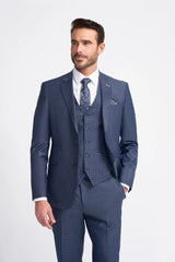 Bond - Terno masculino de três peças xadrez azul-marinho com corte sob medida