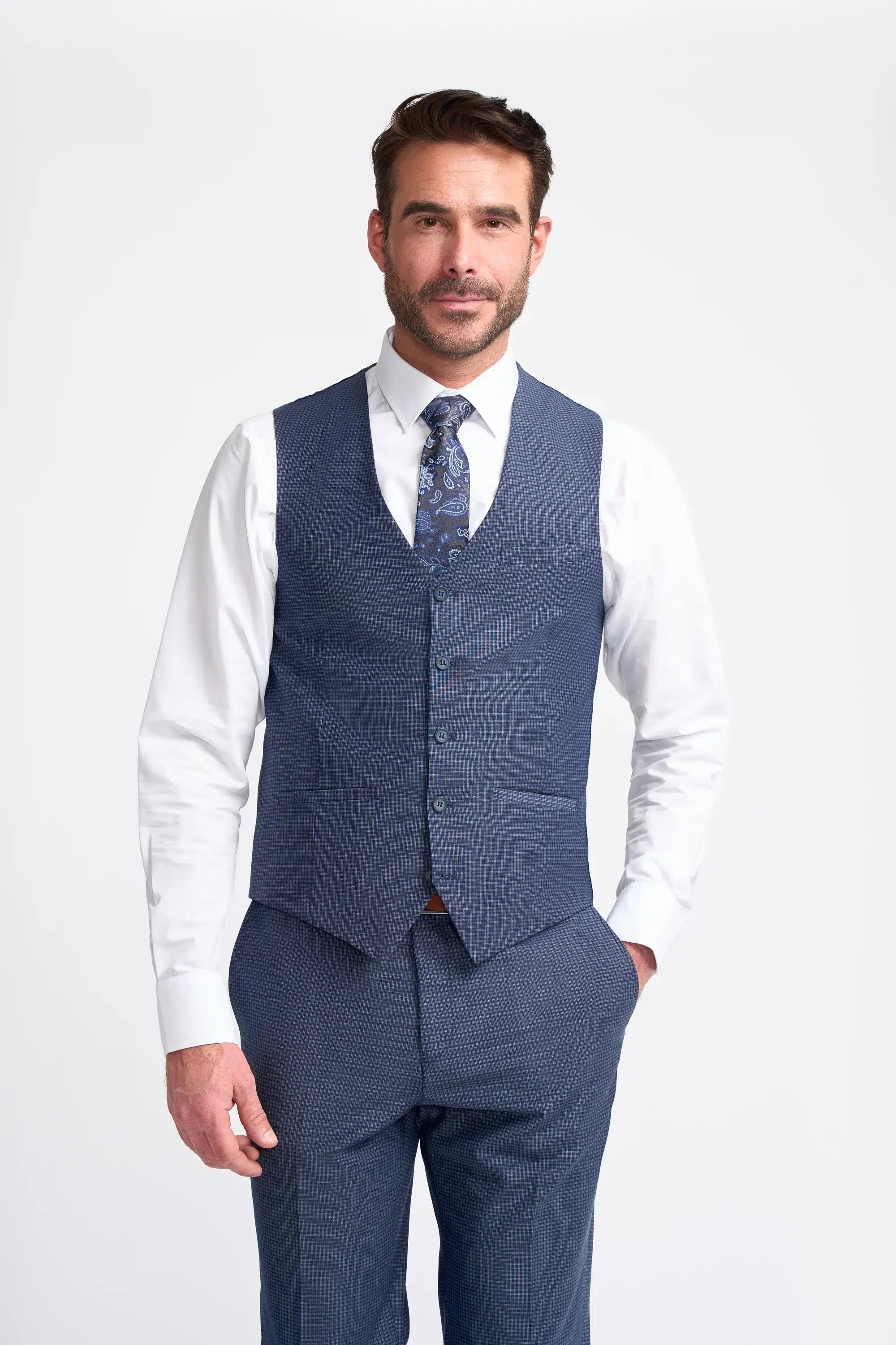 Bond - Terno masculino de três peças xadrez azul-marinho com corte sob medida