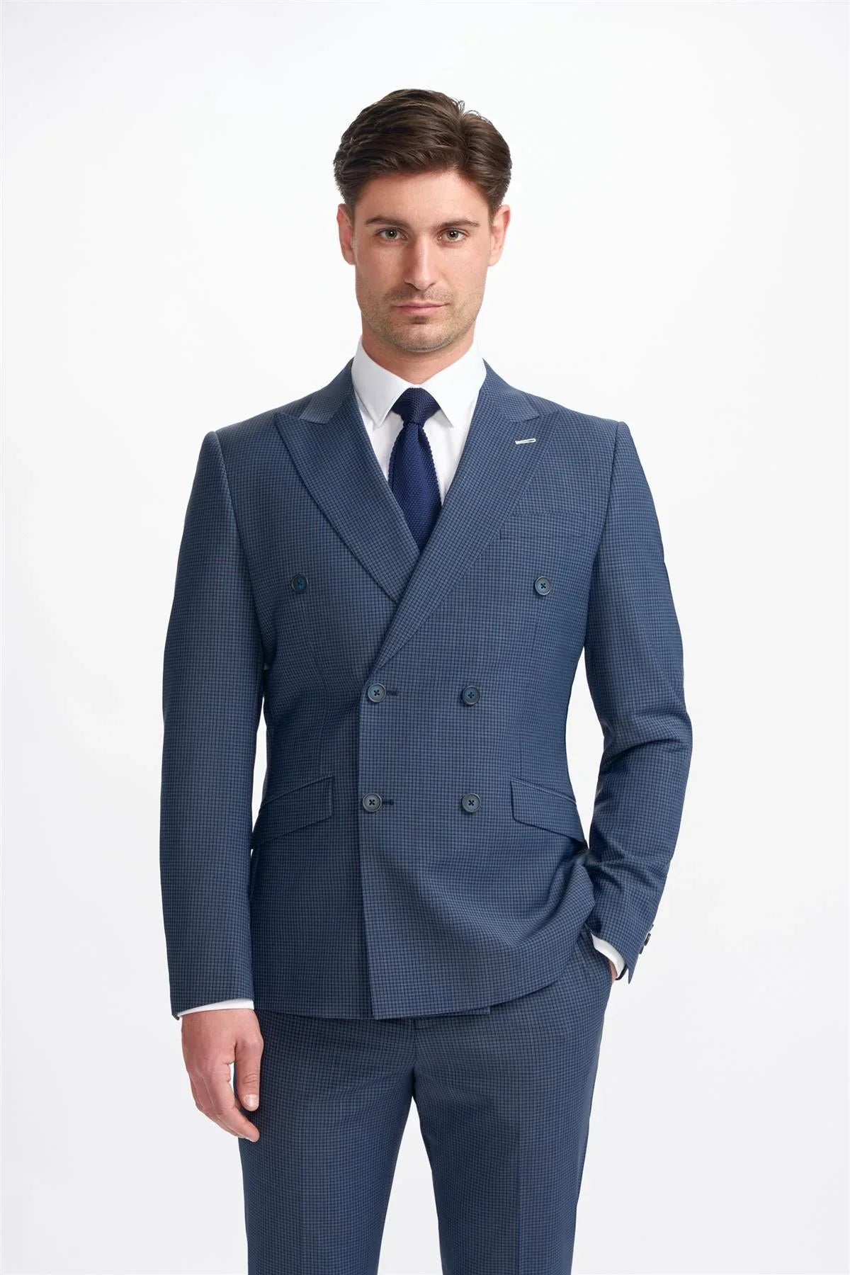 Bond - Blazer masculino xadrez azul-marinho com abotoamento duplo
