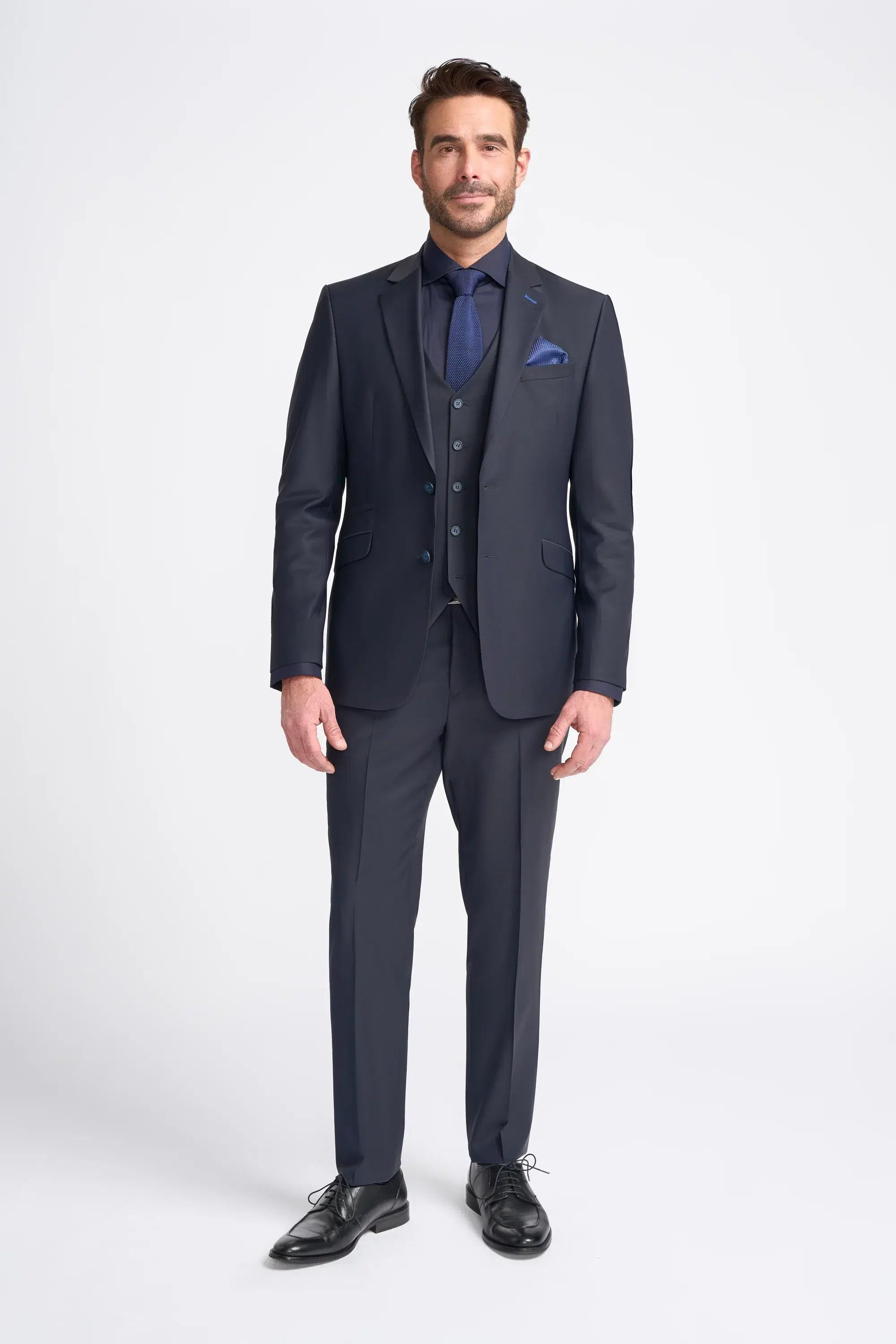 Bond - Terno masculino azul-marinho escuro de 3 peças com corte sob medida