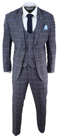 Terno masculino azul de tweed xadrez de 3 peças