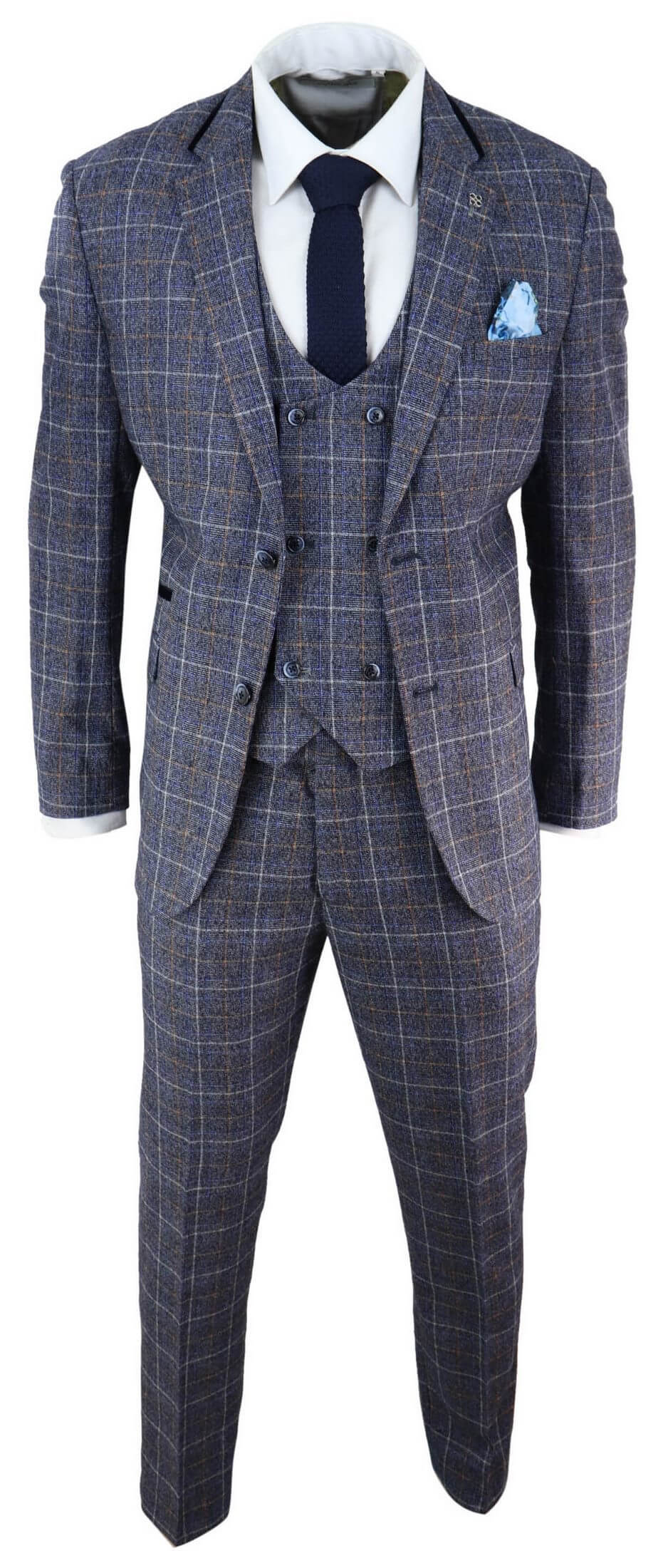 Terno masculino azul de tweed xadrez de 3 peças