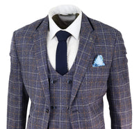 Terno masculino azul de tweed xadrez de 3 peças
