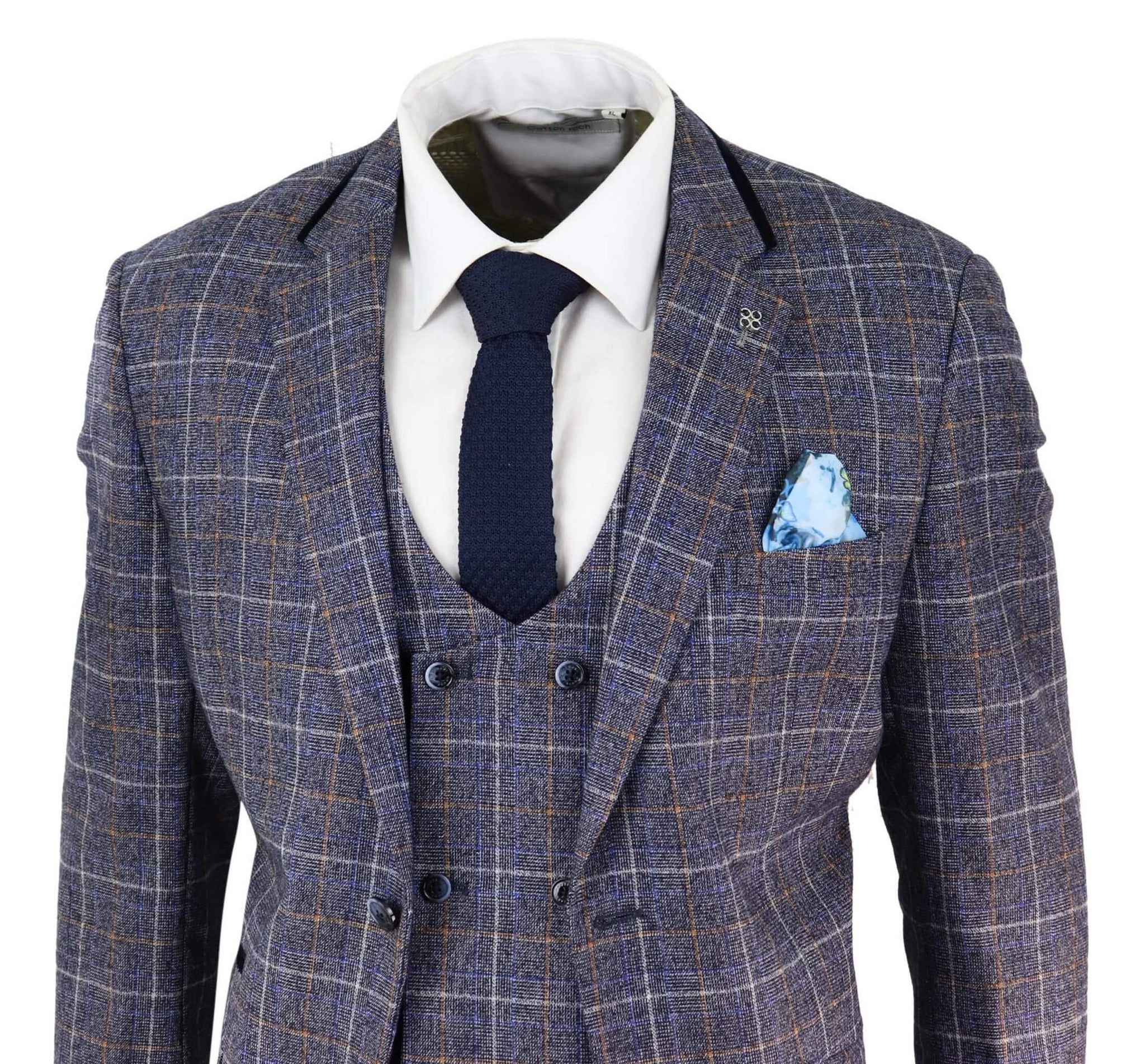 Terno masculino azul de tweed xadrez de 3 peças