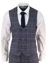 Terno masculino azul de tweed xadrez de 3 peças