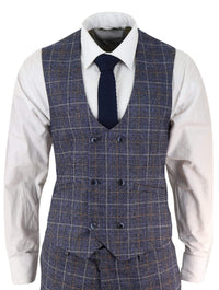 Terno masculino azul de tweed xadrez de 3 peças