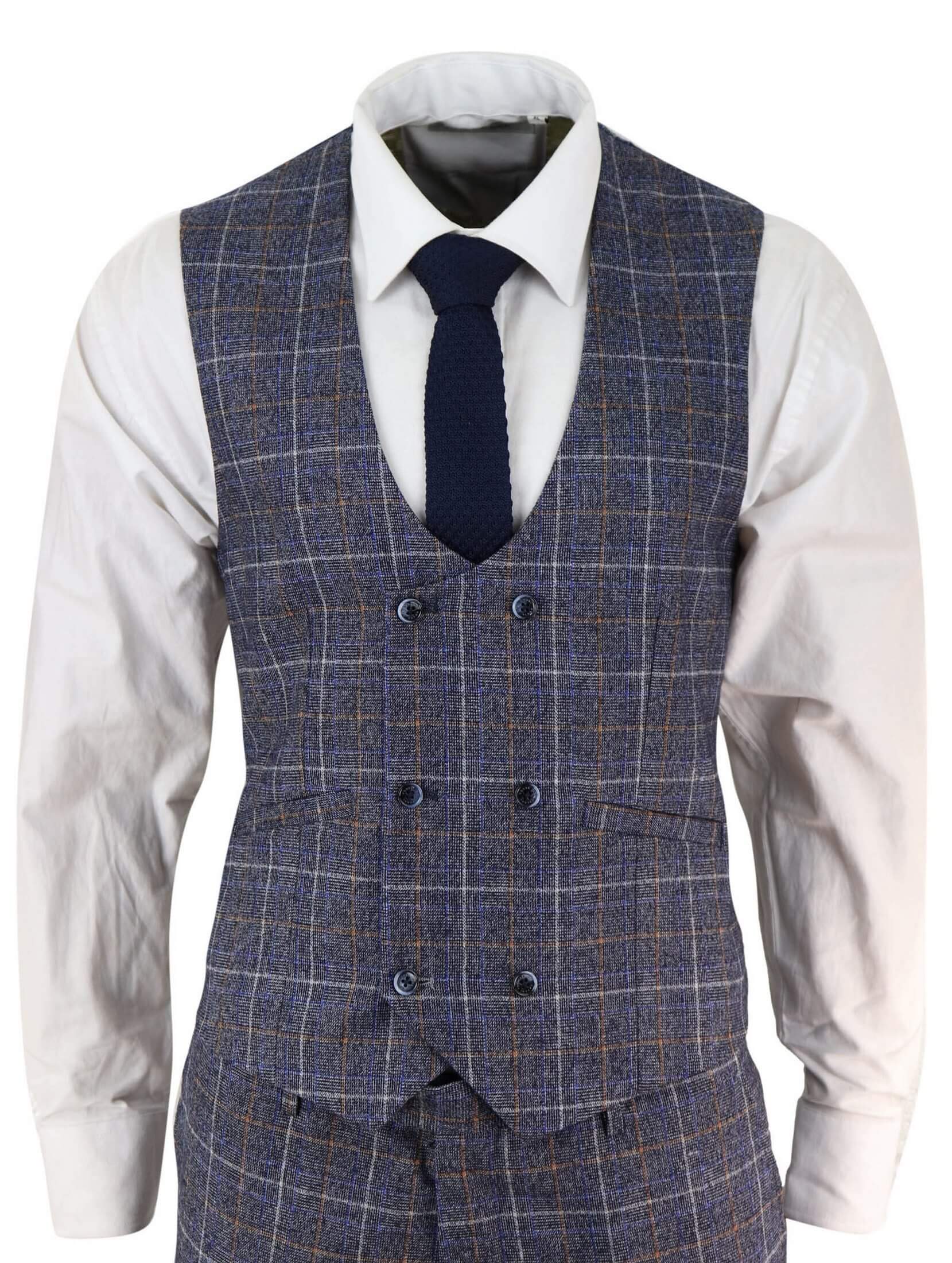 Terno masculino azul de tweed xadrez de 3 peças