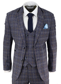Terno masculino azul de tweed xadrez de 3 peças