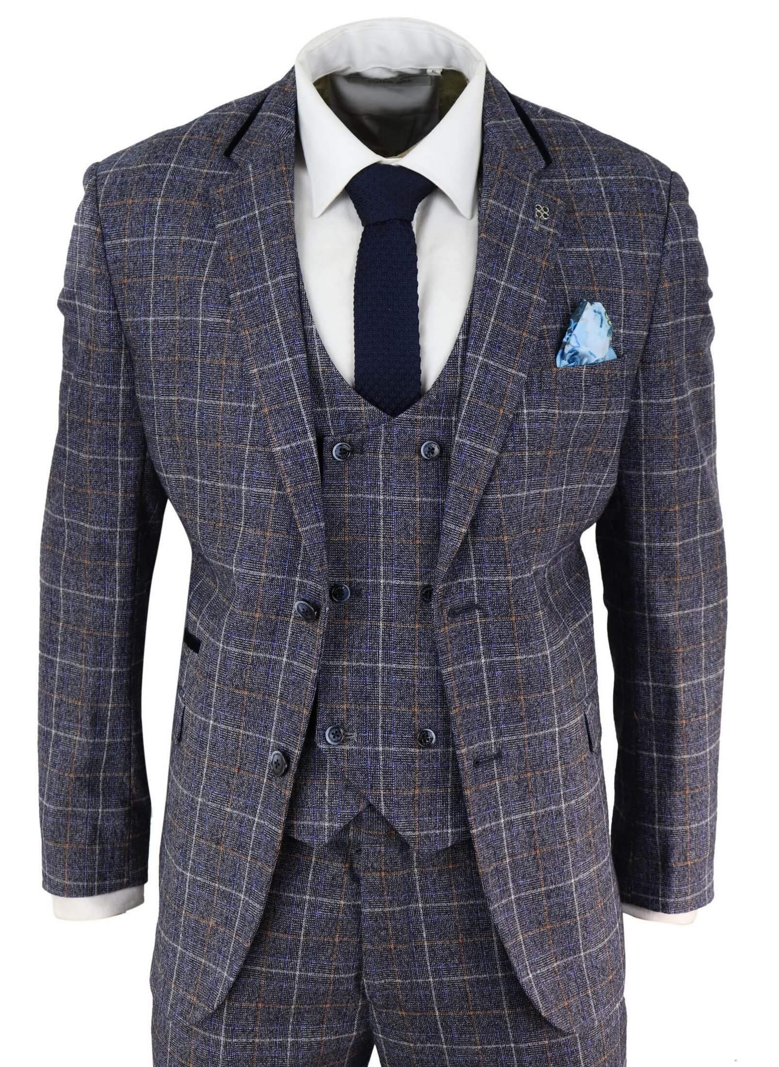Terno masculino azul de tweed xadrez de 3 peças