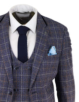 Terno masculino azul de tweed xadrez de 3 peças