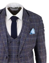 Terno masculino azul de tweed xadrez de 3 peças