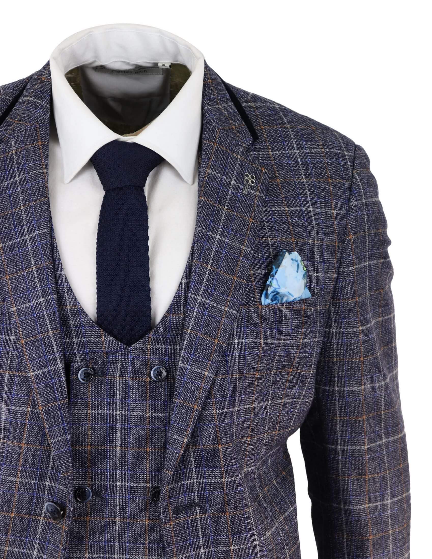 Terno masculino azul de tweed xadrez de 3 peças