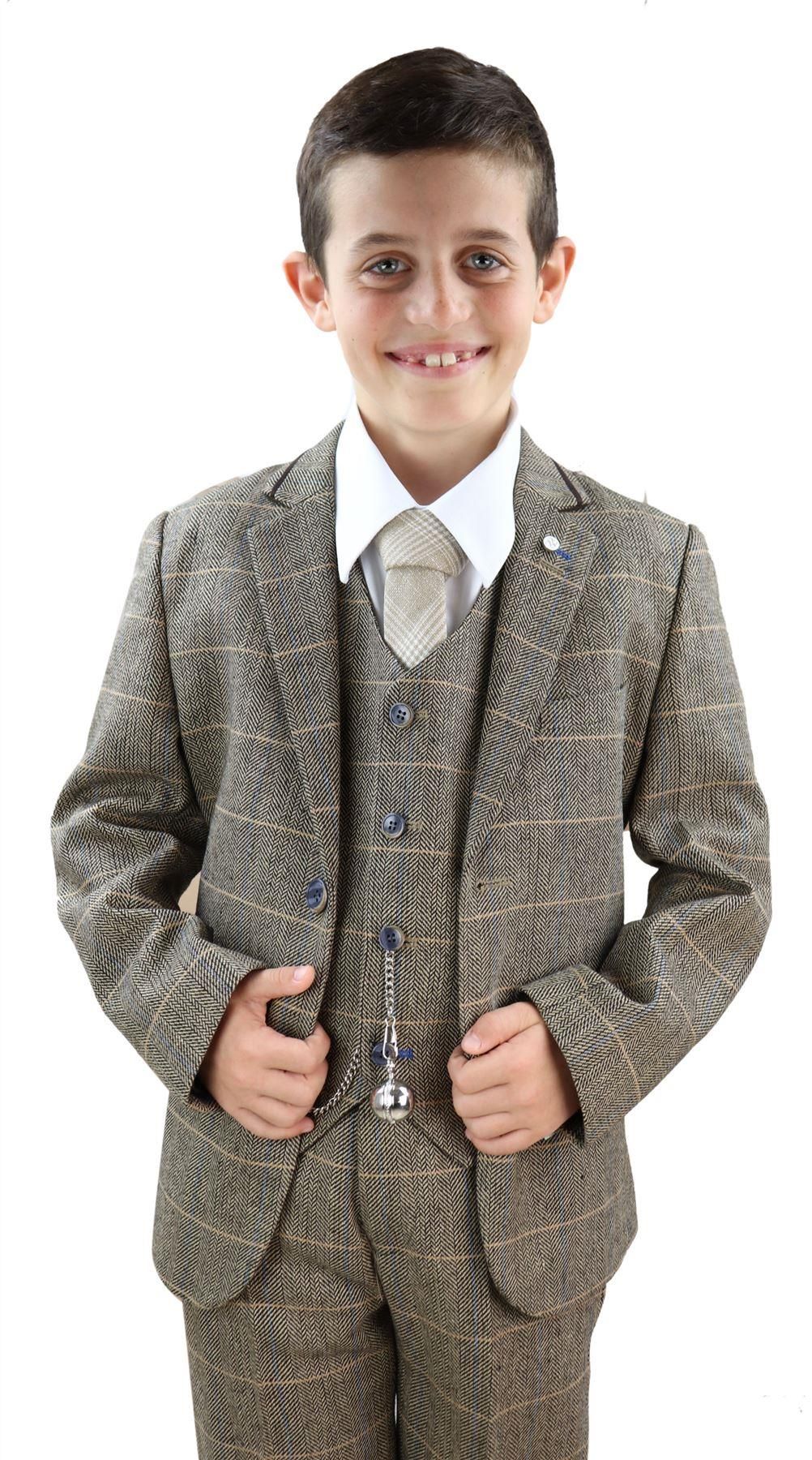 Terno de tweed marrom-claro de 3 peças para menino - Estilo Peaky Blinders - Albert