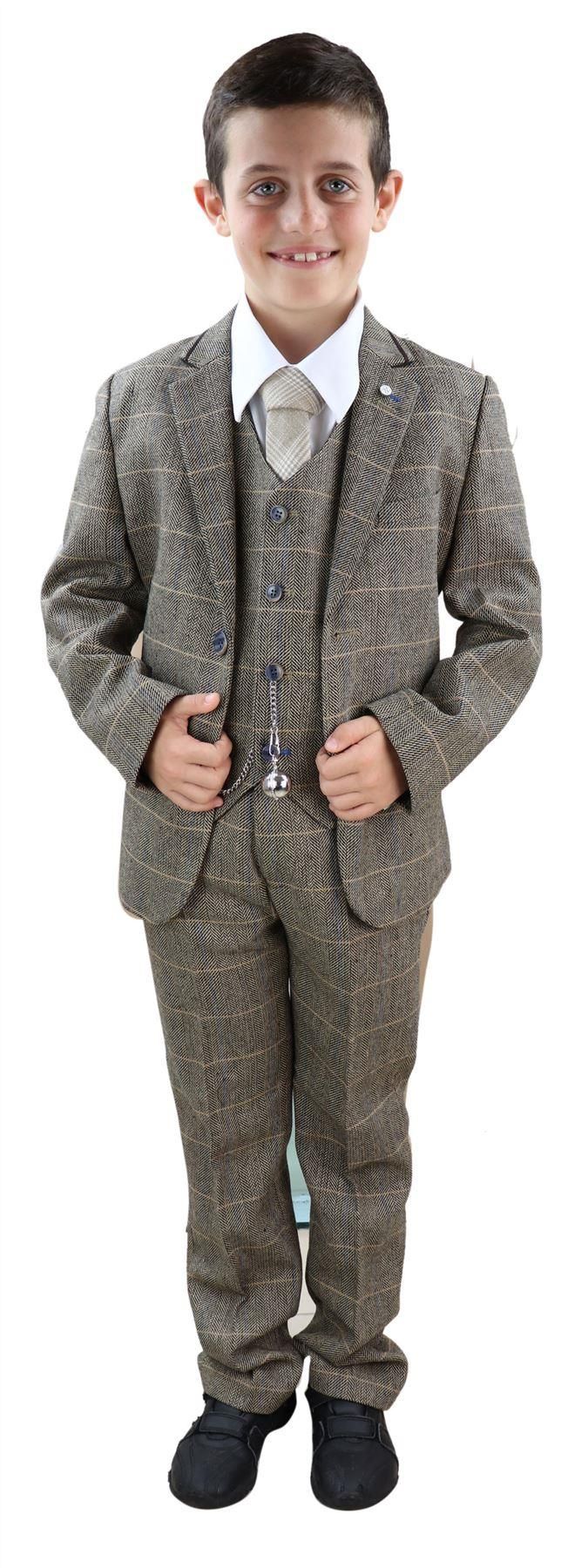 Terno de tweed marrom-claro de 3 peças para menino - Estilo Peaky Blinders - Albert