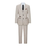 Terno de 3 peças para menino em tweed xadrez bege e marrom, estilo vintage retrô clássico.