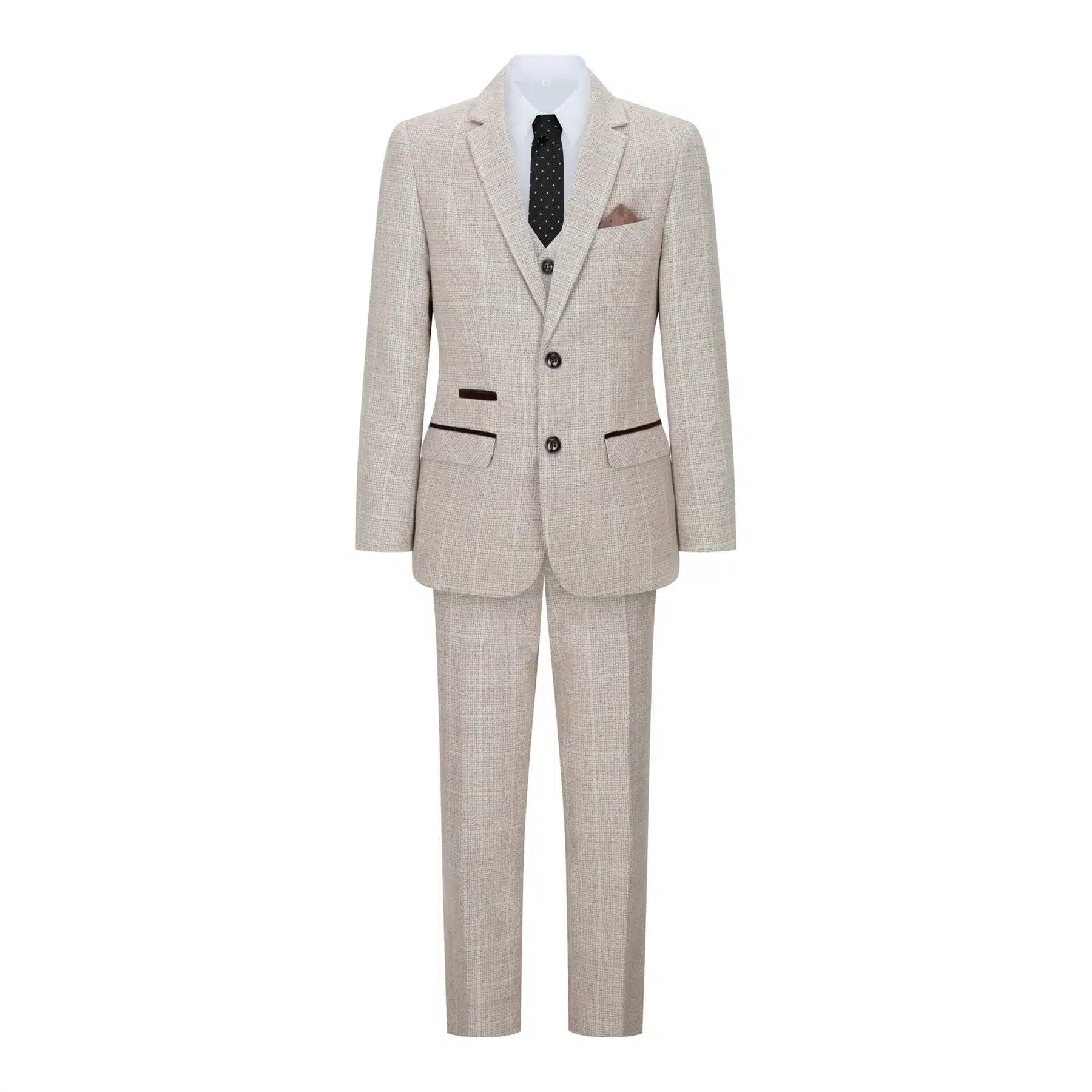 Terno de 3 peças para menino em tweed xadrez bege e marrom, estilo vintage retrô clássico.
