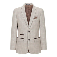 Terno de 3 peças para menino em tweed xadrez bege e marrom, estilo vintage retrô clássico.