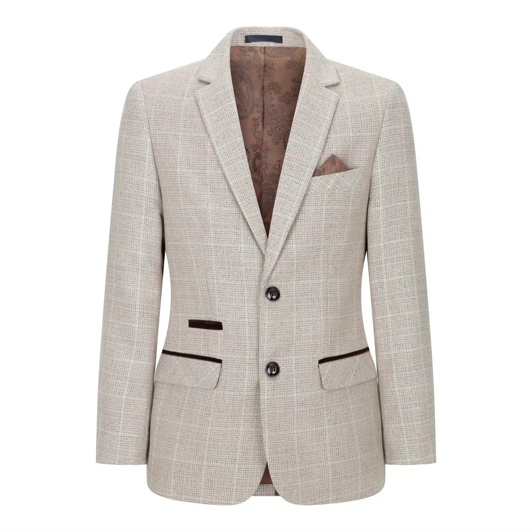 Terno de 3 peças para menino em tweed xadrez bege e marrom, estilo vintage retrô clássico.