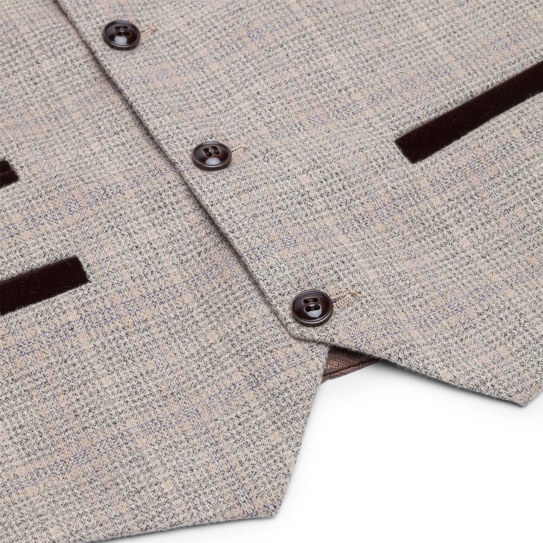 Terno de 3 peças para menino em tweed xadrez bege e marrom, estilo vintage retrô clássico.