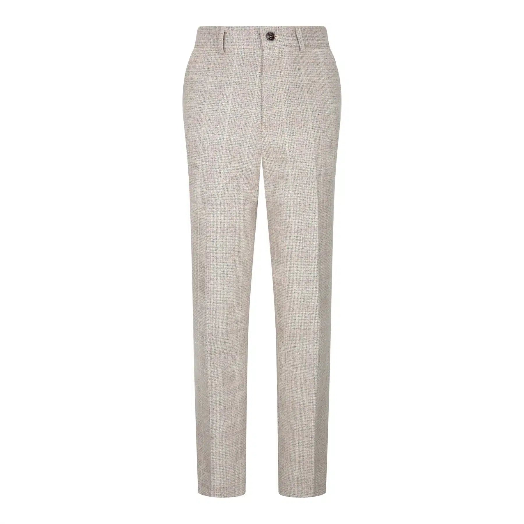 Terno de 3 peças para menino em tweed xadrez bege e marrom, estilo vintage retrô clássico.
