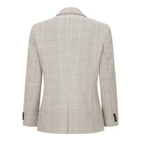 Terno de 3 peças para menino em tweed xadrez bege e marrom, estilo vintage retrô clássico.