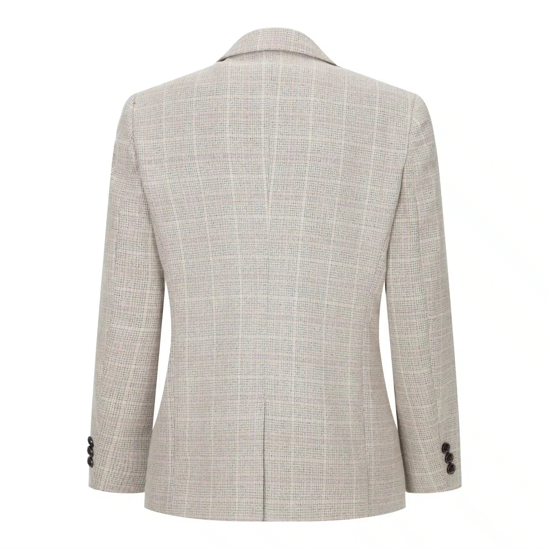 Terno de 3 peças para menino em tweed xadrez bege e marrom, estilo vintage retrô clássico.