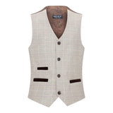 Terno de 3 peças para menino em tweed xadrez bege e marrom, estilo vintage retrô clássico.