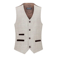 Terno de 3 peças para menino em tweed xadrez bege e marrom, estilo vintage retrô clássico.