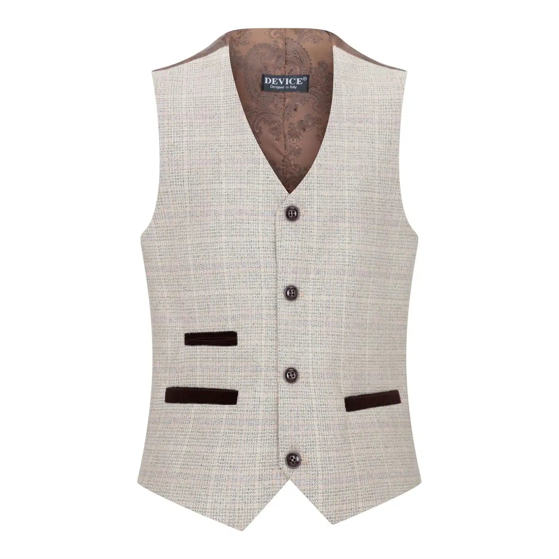 Terno de 3 peças para menino em tweed xadrez bege e marrom, estilo vintage retrô clássico.